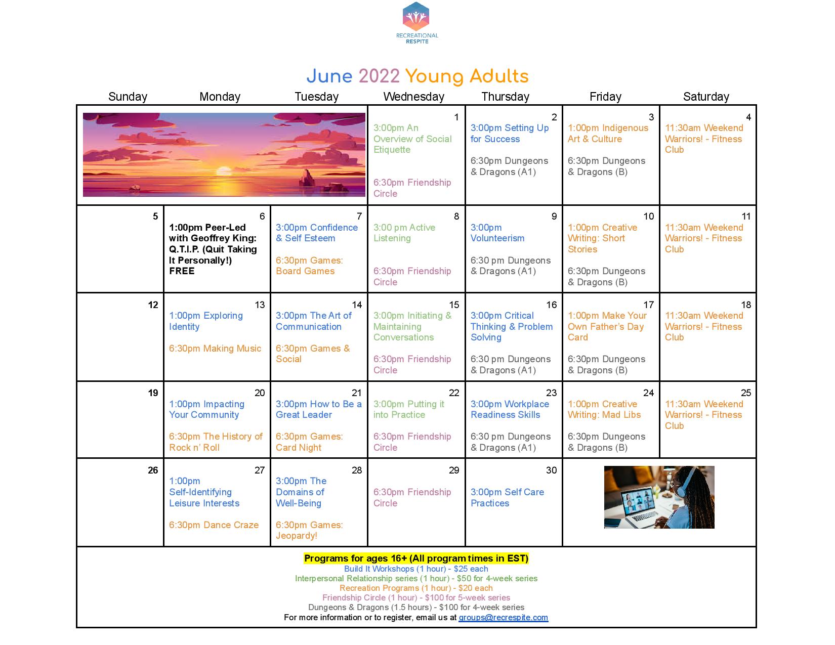 June 2022 calendar of programs for young adults ages 16 +