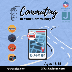 Commuting in your Community. Image shows a blue background with an image of a gps and map highlighting bus, car, train and bike