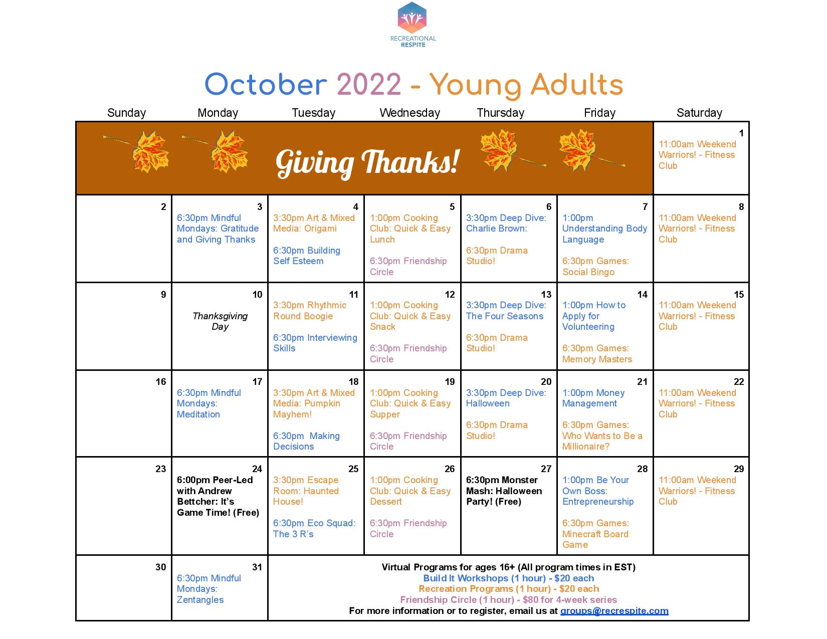 Calendar of October program offerings. For a full list, please email info@recrespite.com