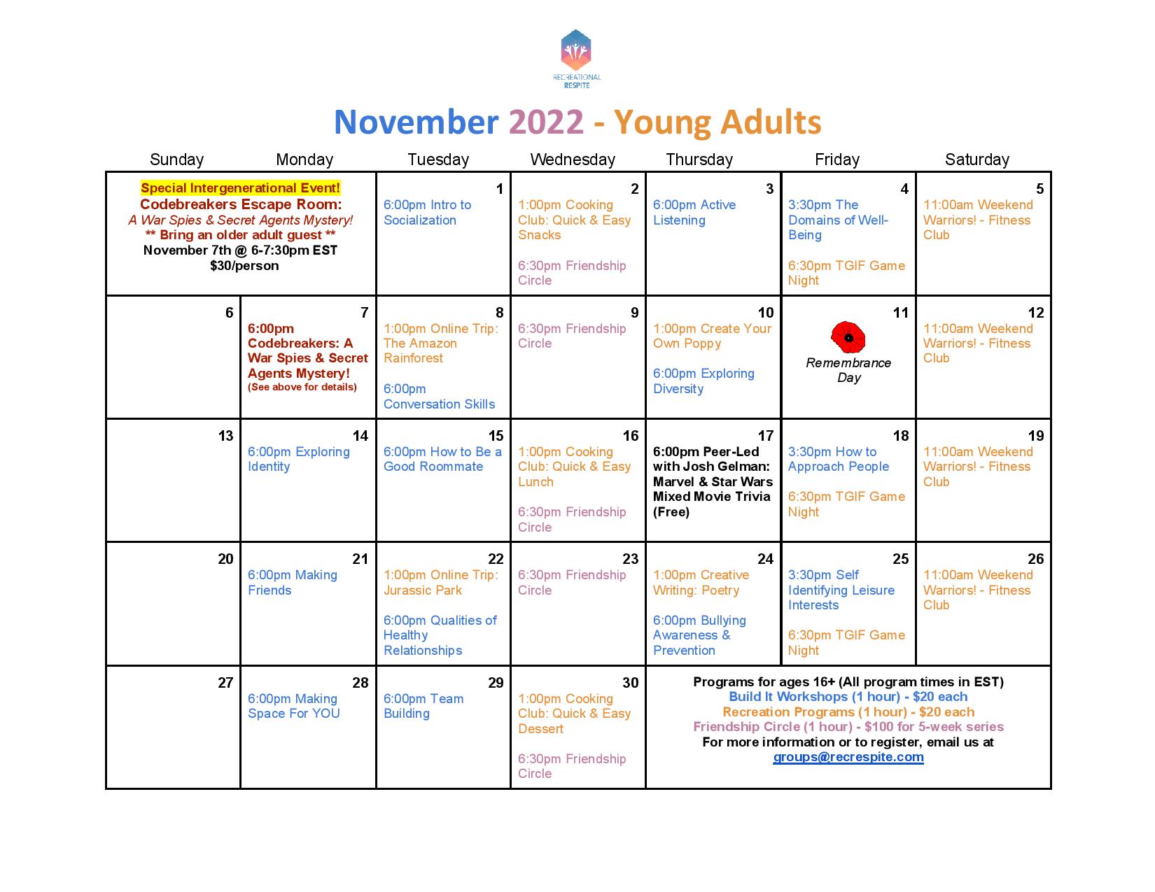 calendar of activity programs for young adults ages 16+