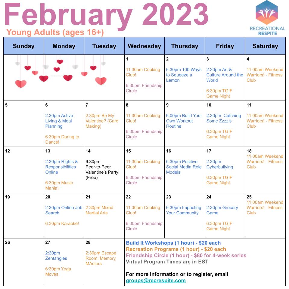 a calendar of February virtual group programs.