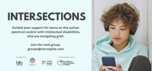 This image contains text and photographs. The text on the left describes Intersections Guided Grief Support Group, and has a similar message to the text below. The photograph to the right is of a teen wearing an hoodie and headphones. They look down at their phone with a sad expression.
