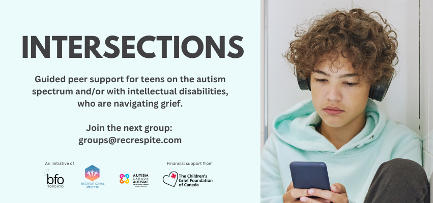 This image contains text and photographs. The text on the left describes Intersections Guided Grief Support Group, and has a similar message to the text below. The photograph to the right is of a teen wearing an hoodie and headphones. They look down at their phone with a sad expression.