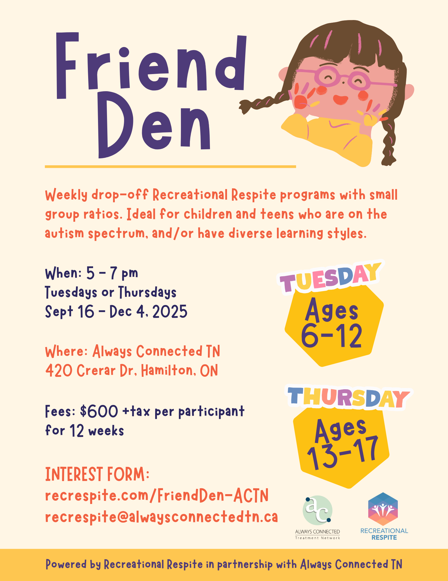 A flyer for the Friend Den, offered by Recreational Respite at Always Connected Treatment Centre
