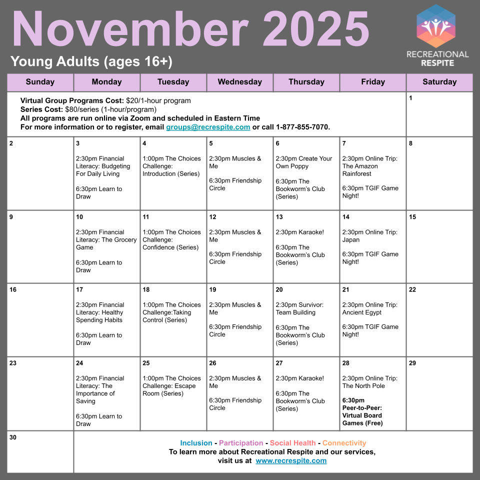 November 2025 calendar of virtual group programs for young adults.