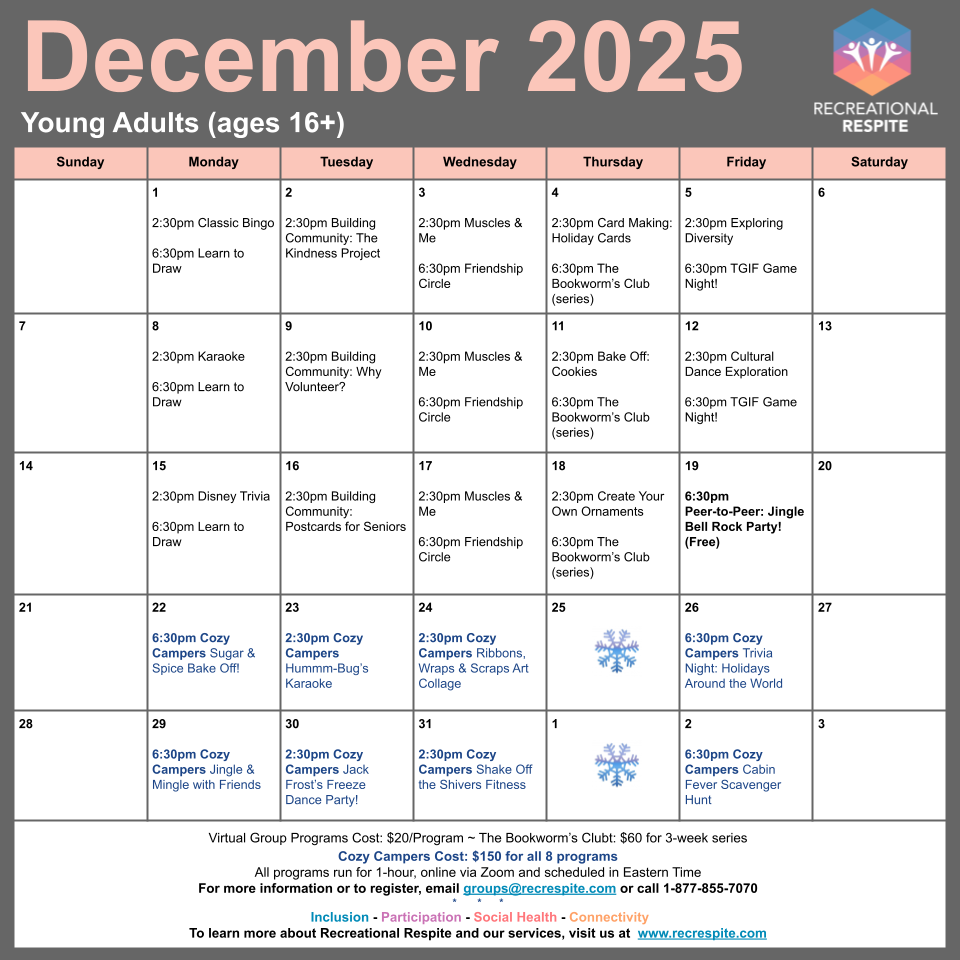 December 2025 calendar of virtual programs offered to young adults of all abilities.