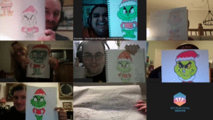 This screen shot of a virtual drawing group program shows 8 happy participants holding up drawings of the Grinch.