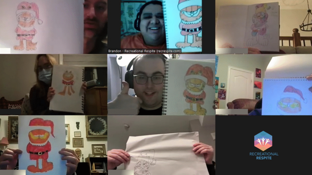 This screen shot of a virtual drawing group program shows 8 happy participants holding up drawings of Santa Garfield.