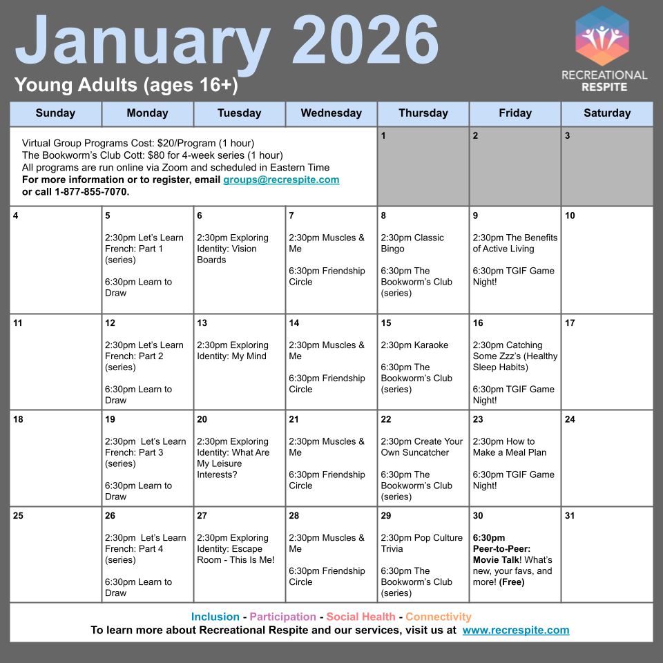 January 2026 calendar of virtual programs offered to young adults of all abilities.