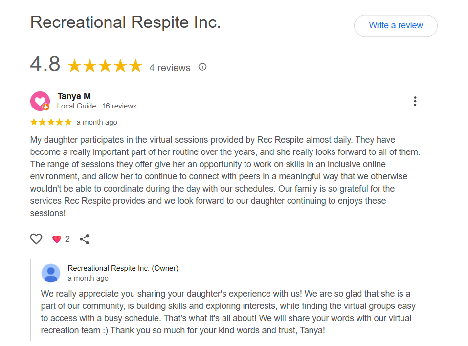 A screenshot of a positive google review for recreational respite's virtual group programs