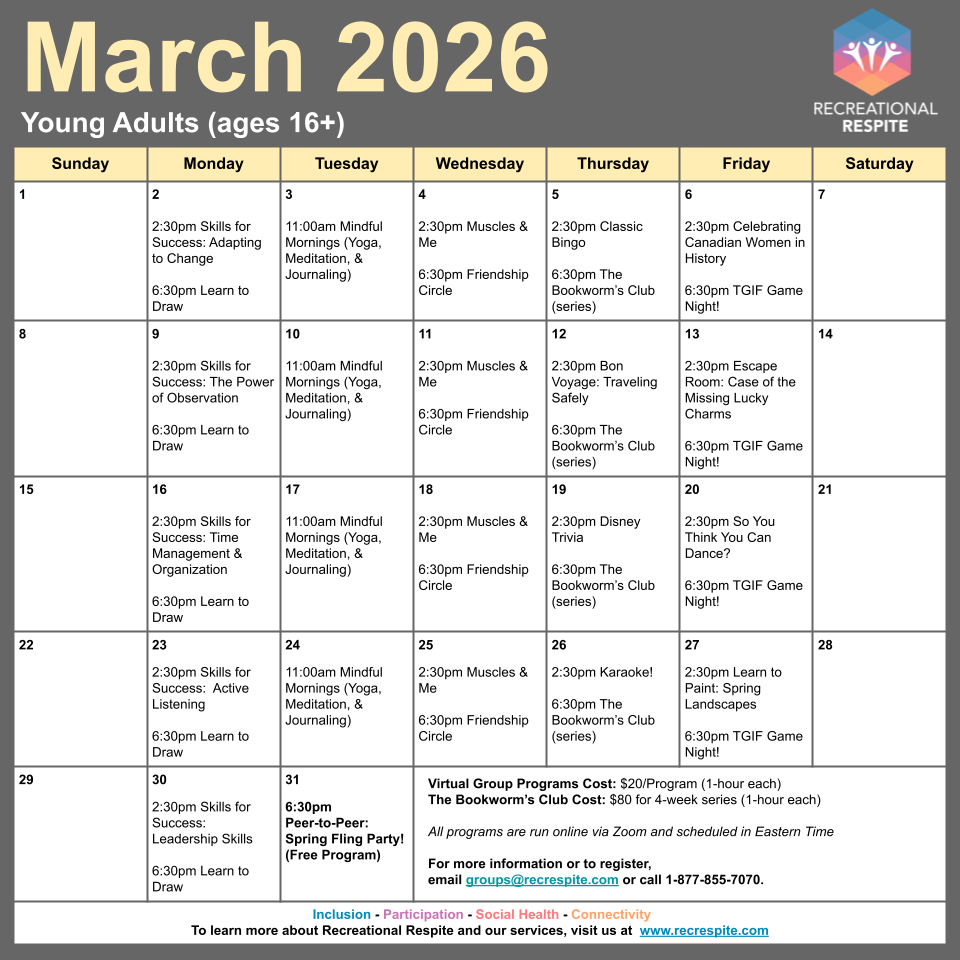 March 2026 calendar displays virtual group programs for young adults.